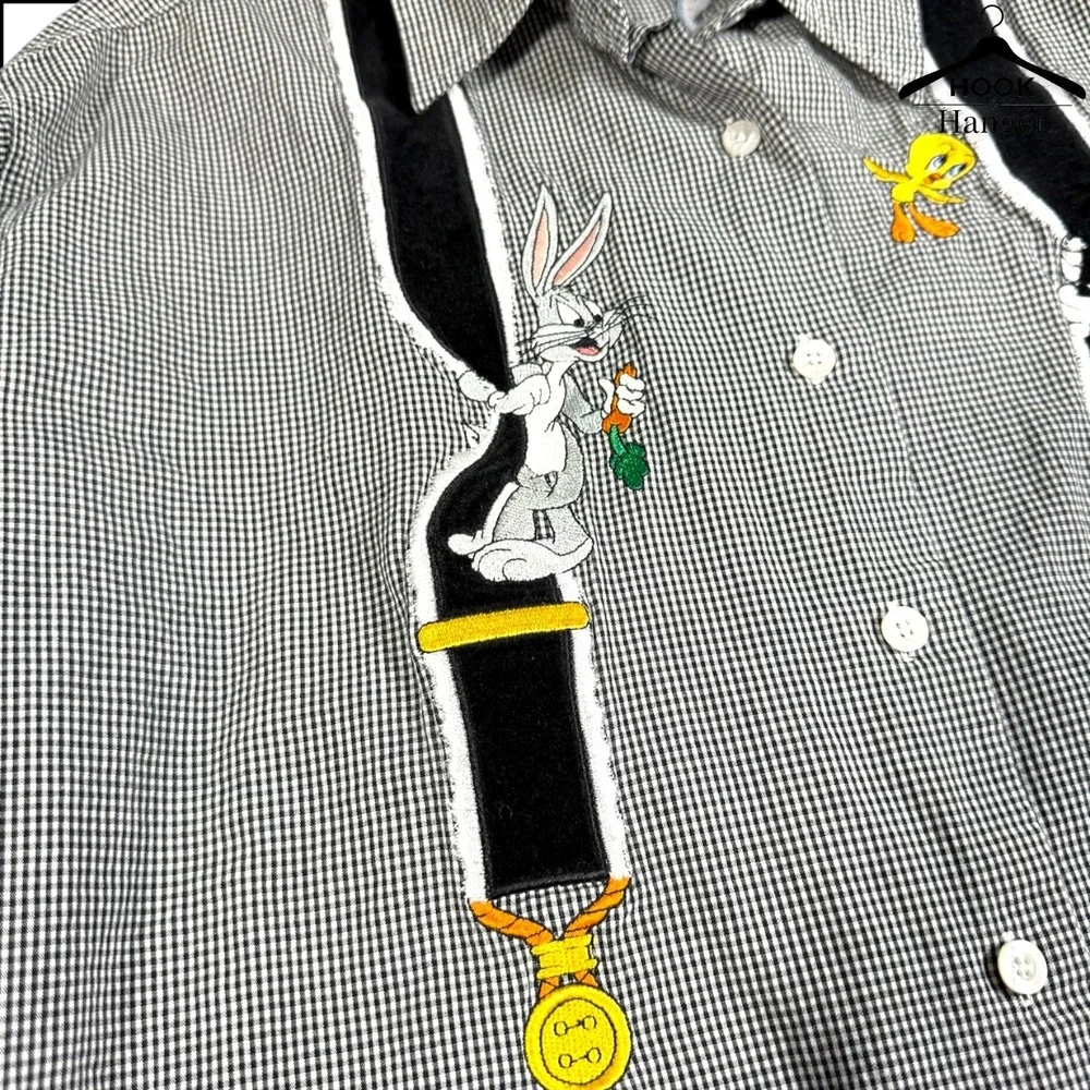 Vintage Warner Bros Looney Tunes Shirt XL Black White Gingham 90s Faux Suspender - Picture 7 of 13